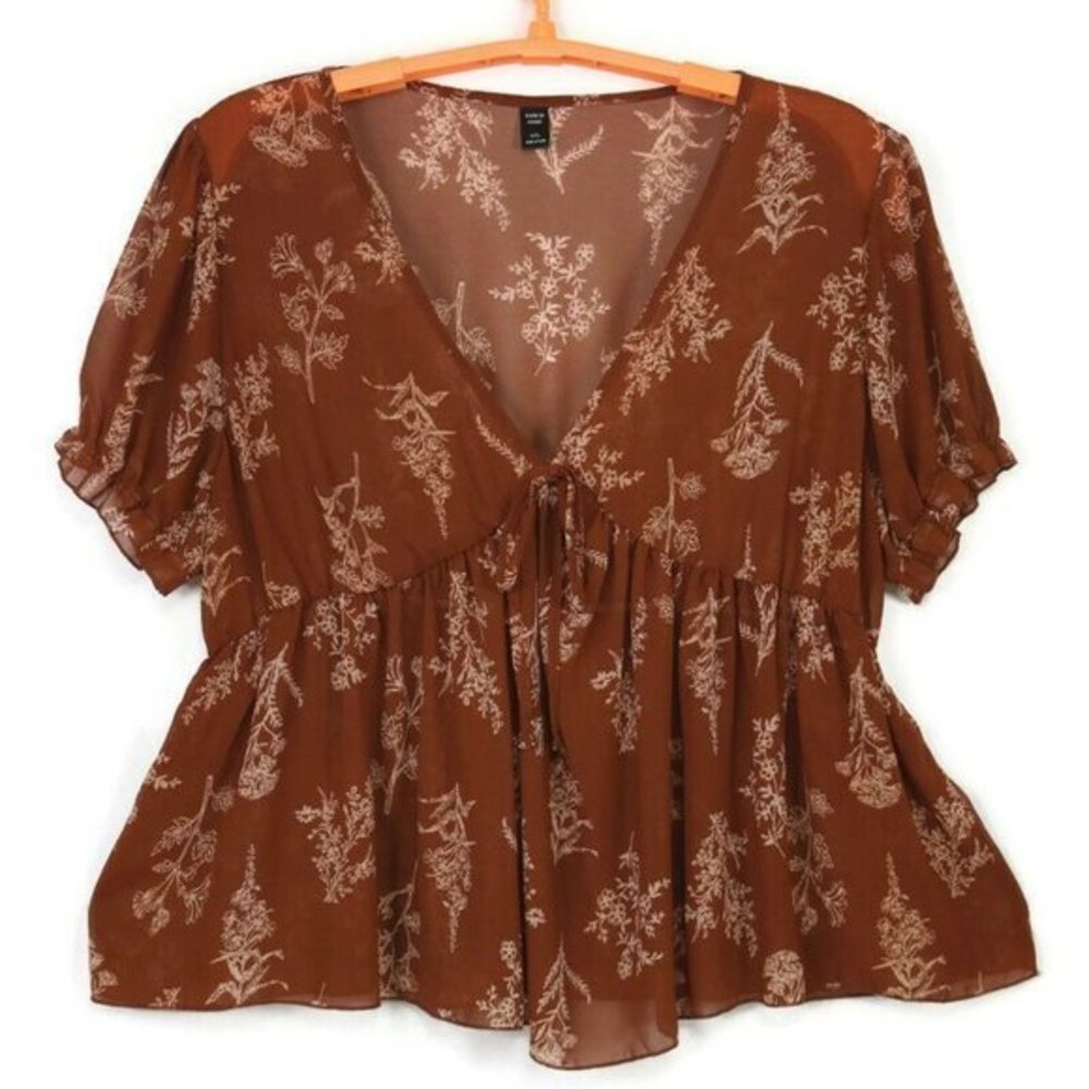 Shein‎ Curve Blouse Shirt Top Brown Floral Chiffon Sheer V-Neck 4XL